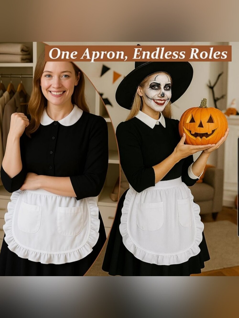Women's White  Apron With Ruffle And Pockets One Size Fits Most